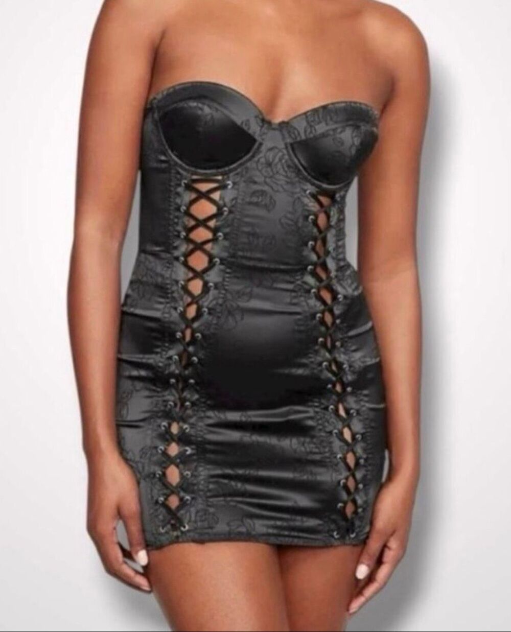 NWT Victoria's Secret Satin Jacquard Lace-Up Corset Slip in Black Size Small